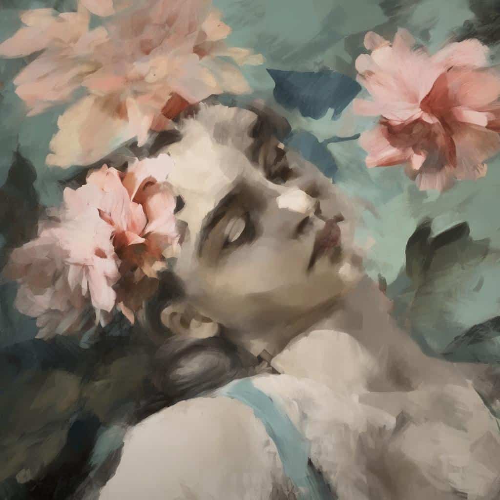 Πορτραίτο γυναίκας με λουλουδάτη κορώνα, εμπνευσμένο από την παράδοση και την τέχνη.