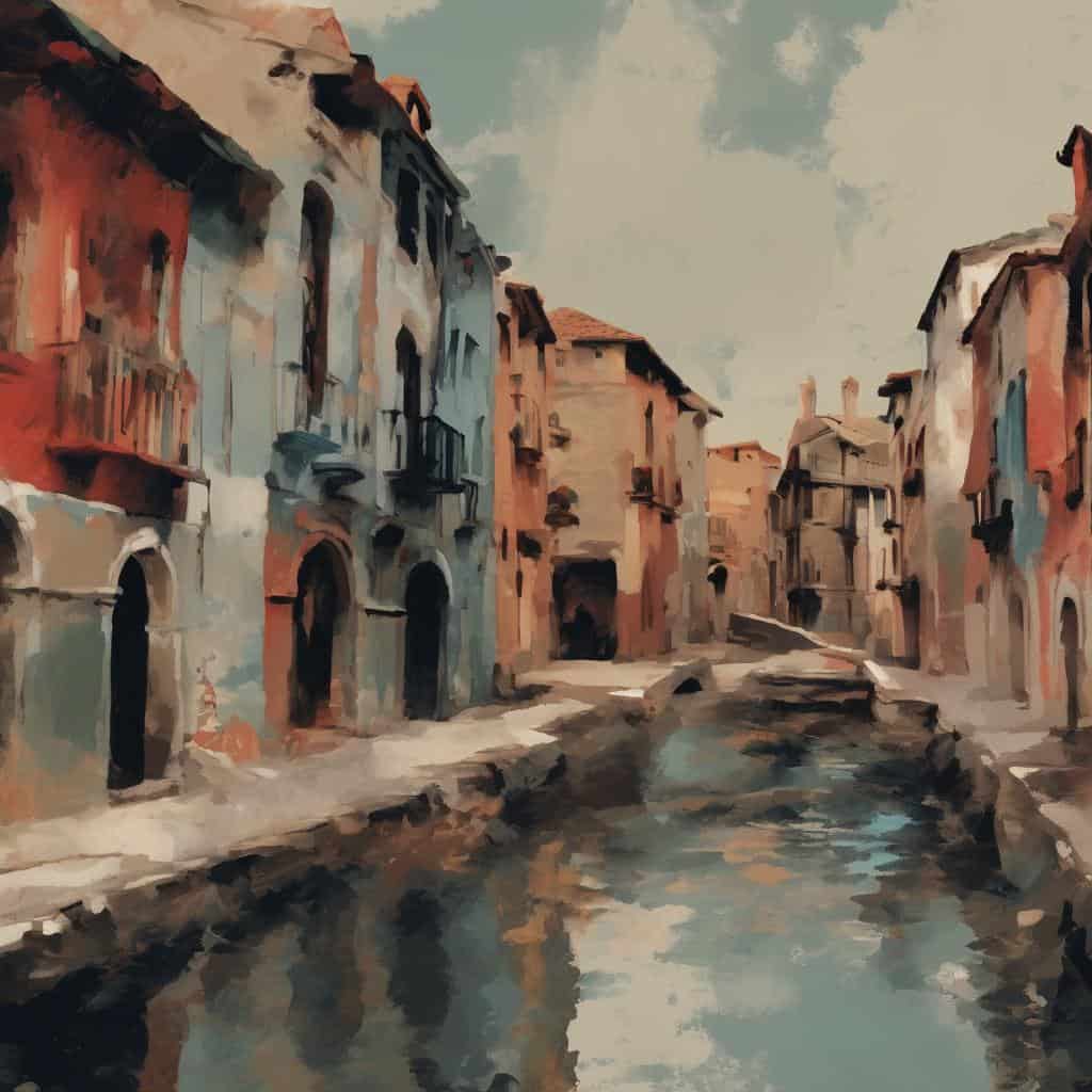 Παλιό χωριό με παραδοσιακά σπίτια και κανάλι, δημιουργία με έμπνευση την ελληνική παράδοση.