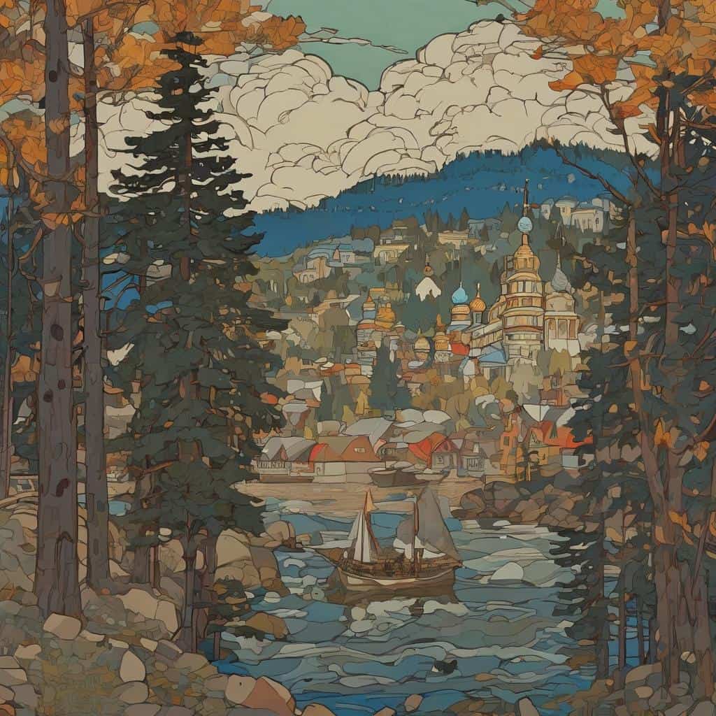 Λίμνη με πλοίο και παραδοσιακά σπίτια σε ορεινό τοπίο, δημιουργία με έμπνευση από την παράδοση.