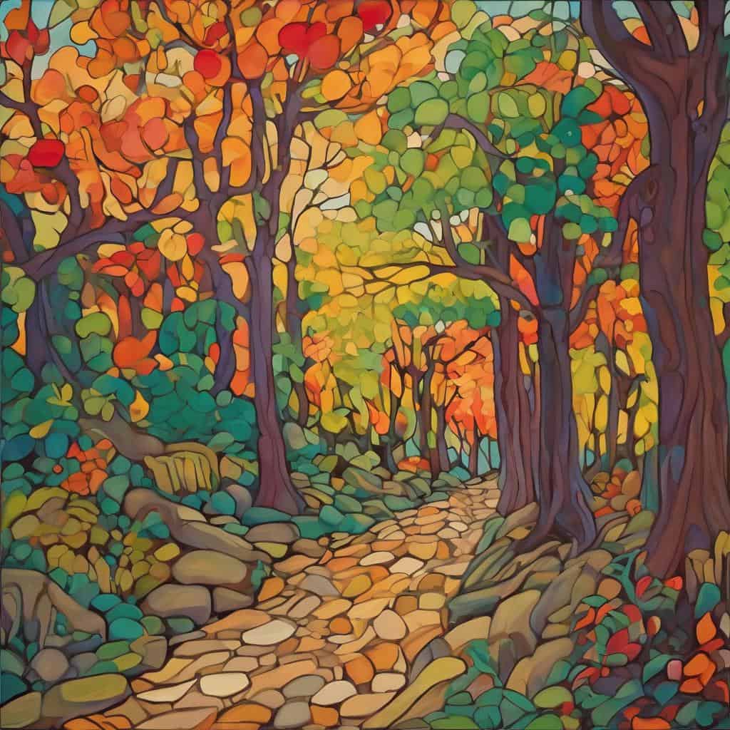 ζωγραφιά με παραδοσιακά παραδοσιακά δέντρα και μονοπάτια, έμπνευση από την ελληνική παράδοση και φύση.